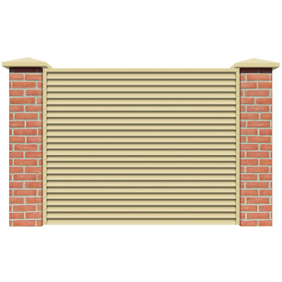 Секция забора жалюзи из ламелей Жалюзи ЭКО-Z RAL1014 Бежевый с кирпичными столбами анфас